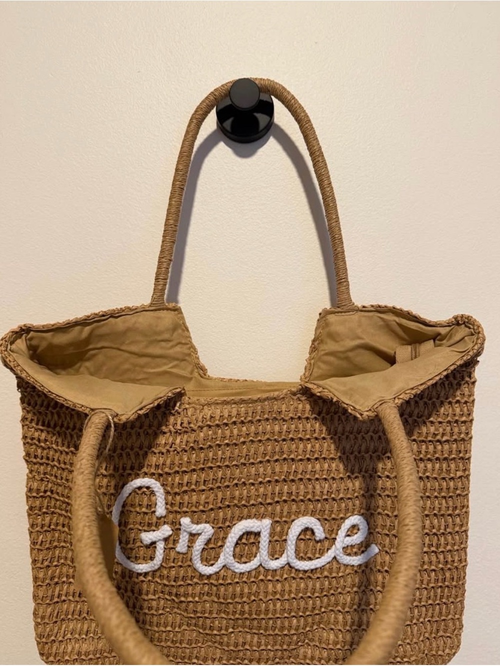 Grace Embroidered Straw Tote Bag - Tan - Picture 3 of 3
